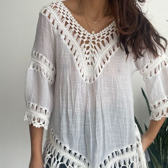 White boho crochet fringe tunic cover up top - Picture 2 of 7